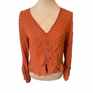 Altar’d State Terracotta Polka Dot Ruffle Blouse | Ruched Front | Women’s Size L